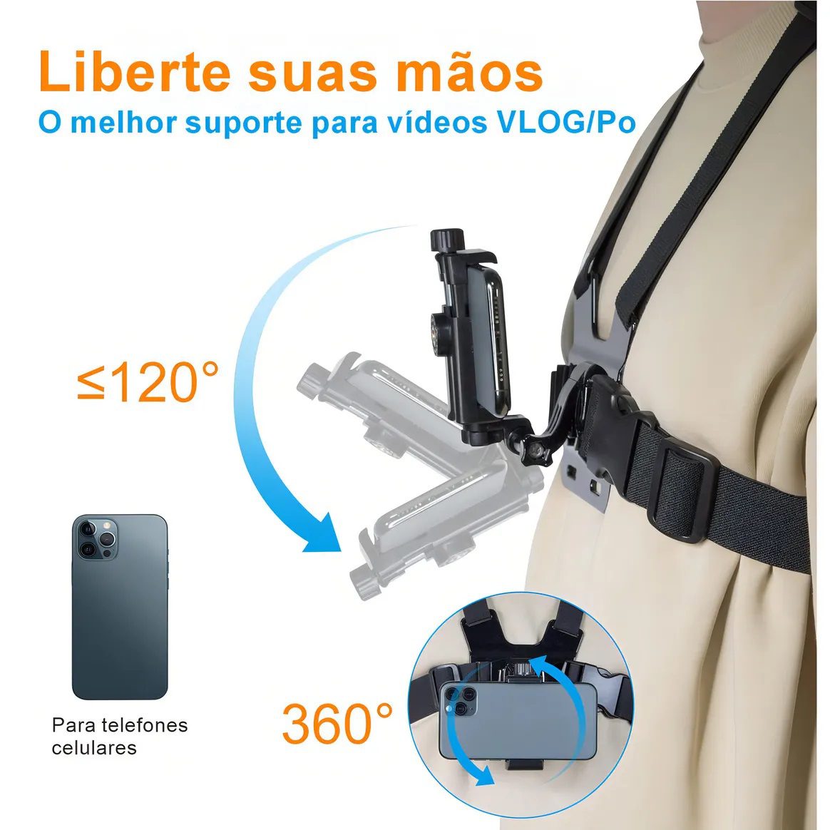 Foto extra 3 do produto Suporte Peitoral Ajustável para Celular e GoPro – Colete para Filmagens